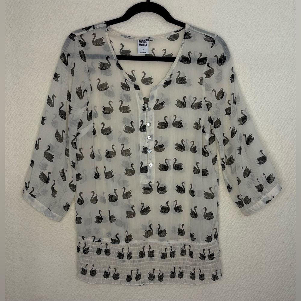Vero Moda Black and White Sheer Blouse with Black Swan Design Size Large.